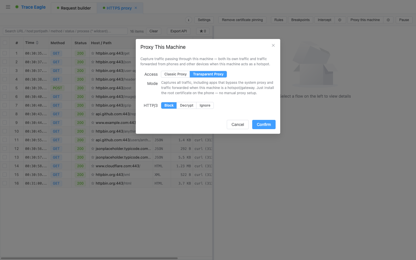 Access settings: two access modes, traditional proxy / transparent proxy, paired with three tiers of HTTP/3 handling: downgraded capture / faithful pass-through / true decryption