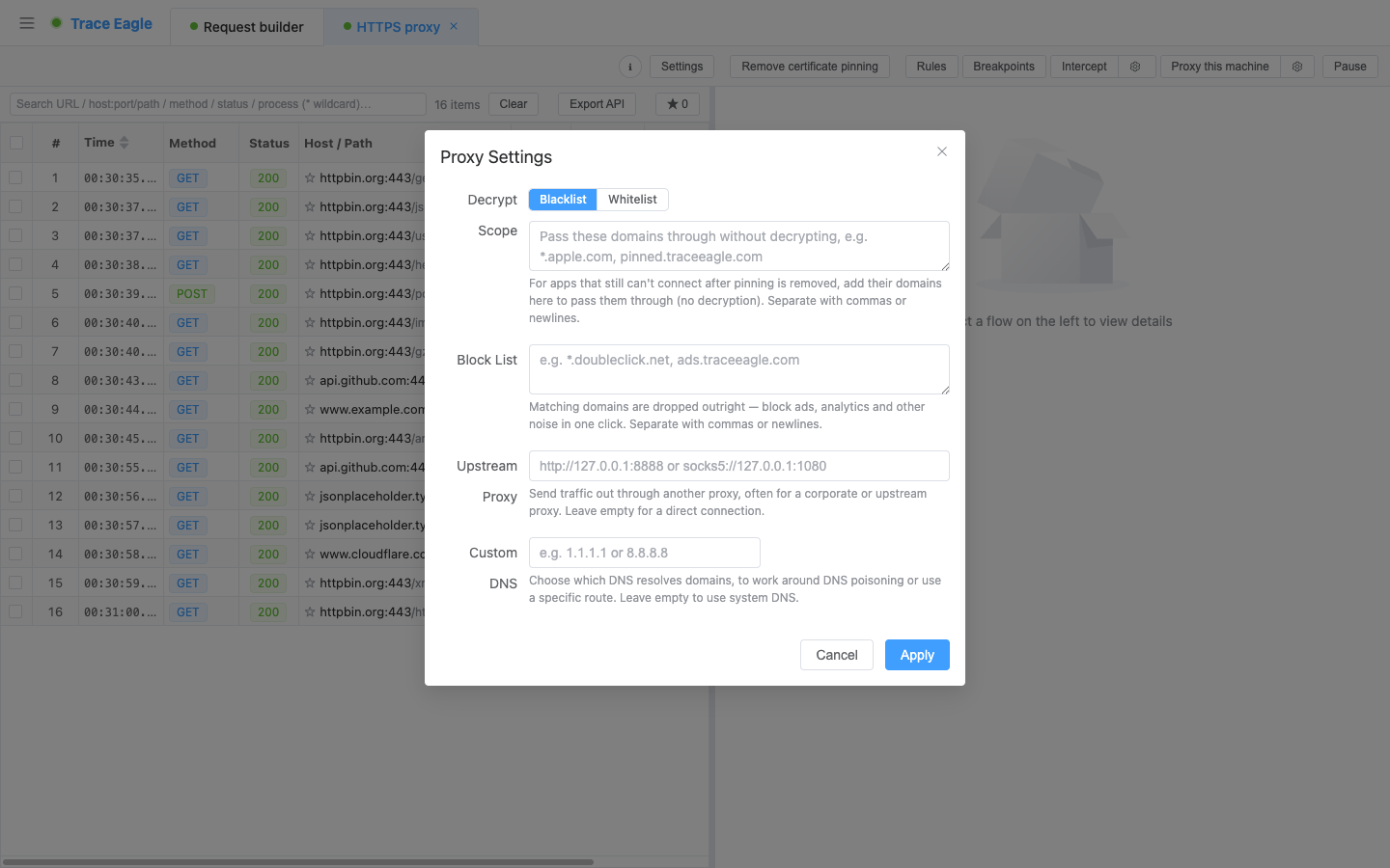 Decryption scope settings: blacklist / whitelist toggle, allow list, block list, plus upstream proxy and custom DNS