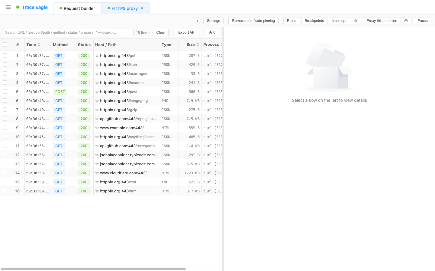 Flow list: every request shows method, status, host/path, type, size, and source process in real time