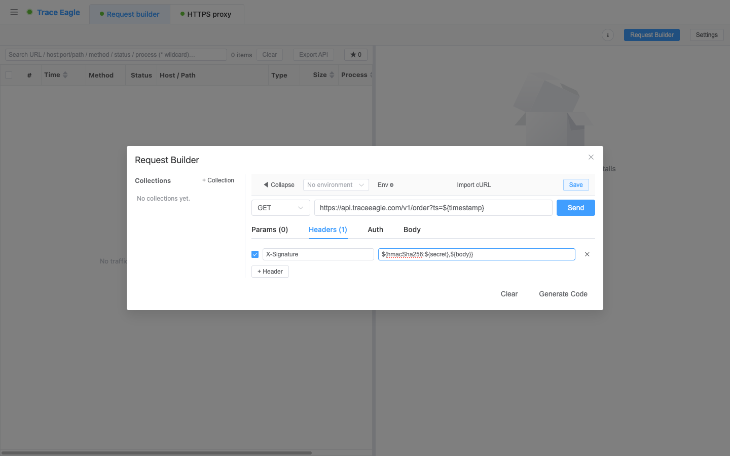 Composer: method + URL, with parameters / headers / auth / body sections; fields can contain ${...} dynamic values (for example computing a signature on the fly with ${hmacSha256:...}), alongside collections and environments