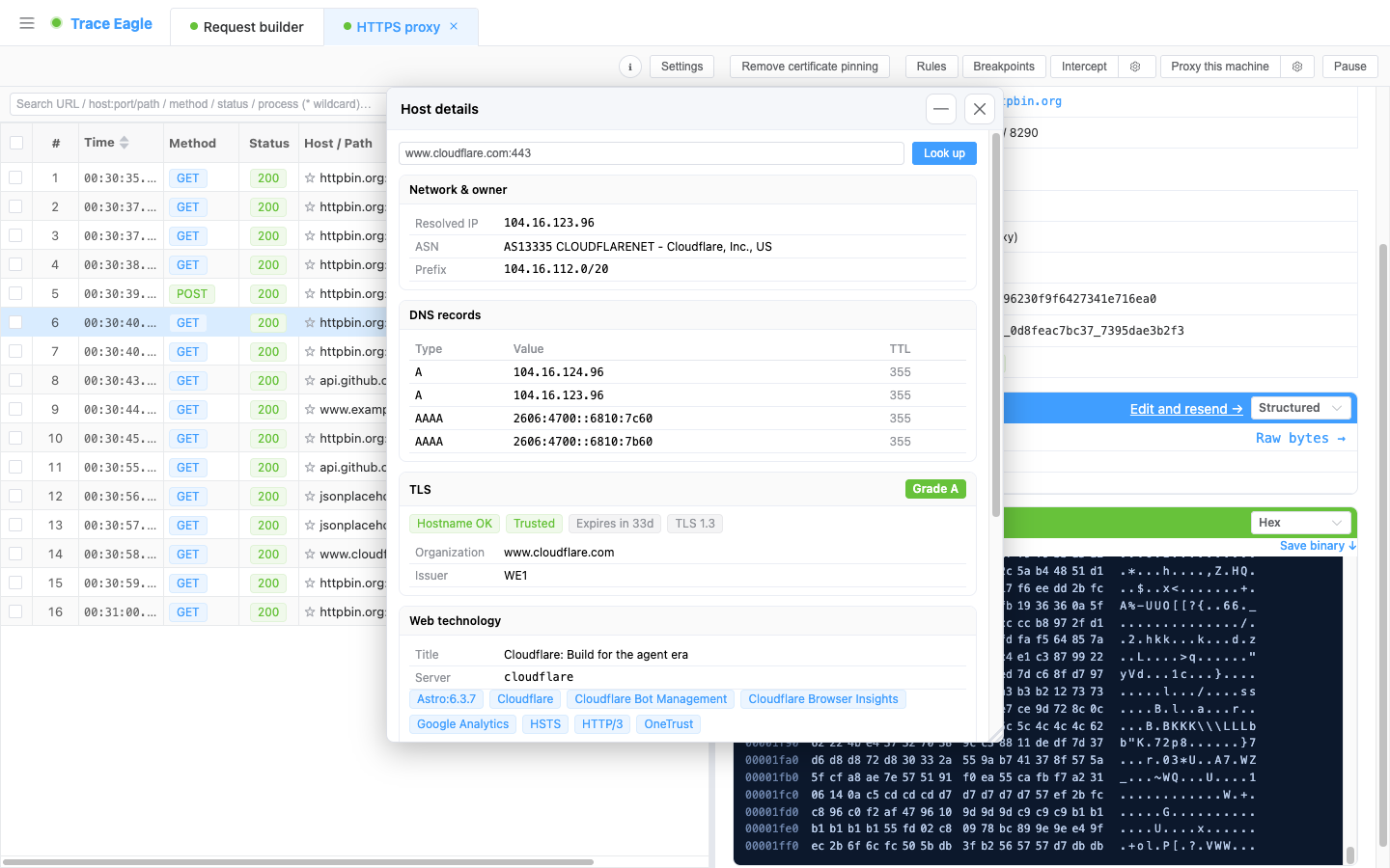 Host dossier: ownership info (IP / ASN / route prefix), DNS records, TLS certificate checkup (grade A), and web tech stack all on one screen