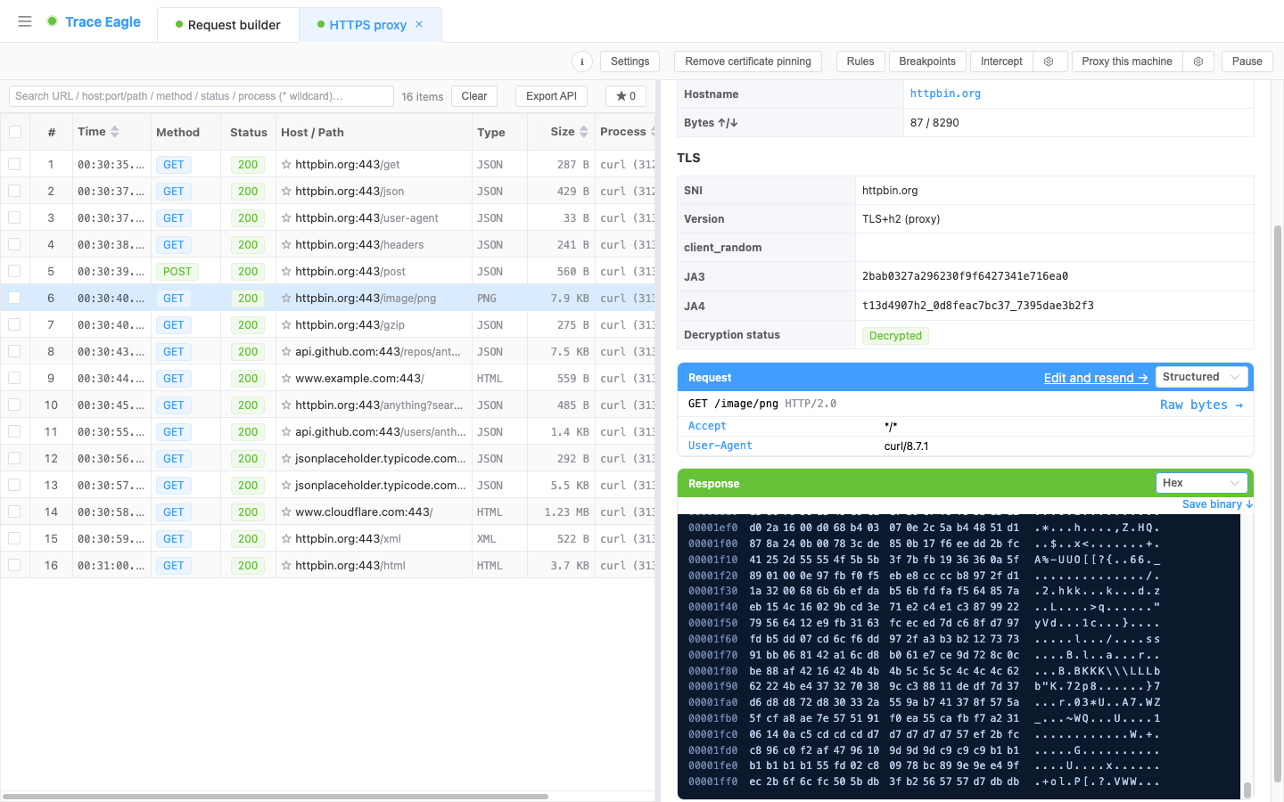 Hex viewer: shows offsets, hex and ASCII side by side with linked highlighting, and can save to a binary file with one tap