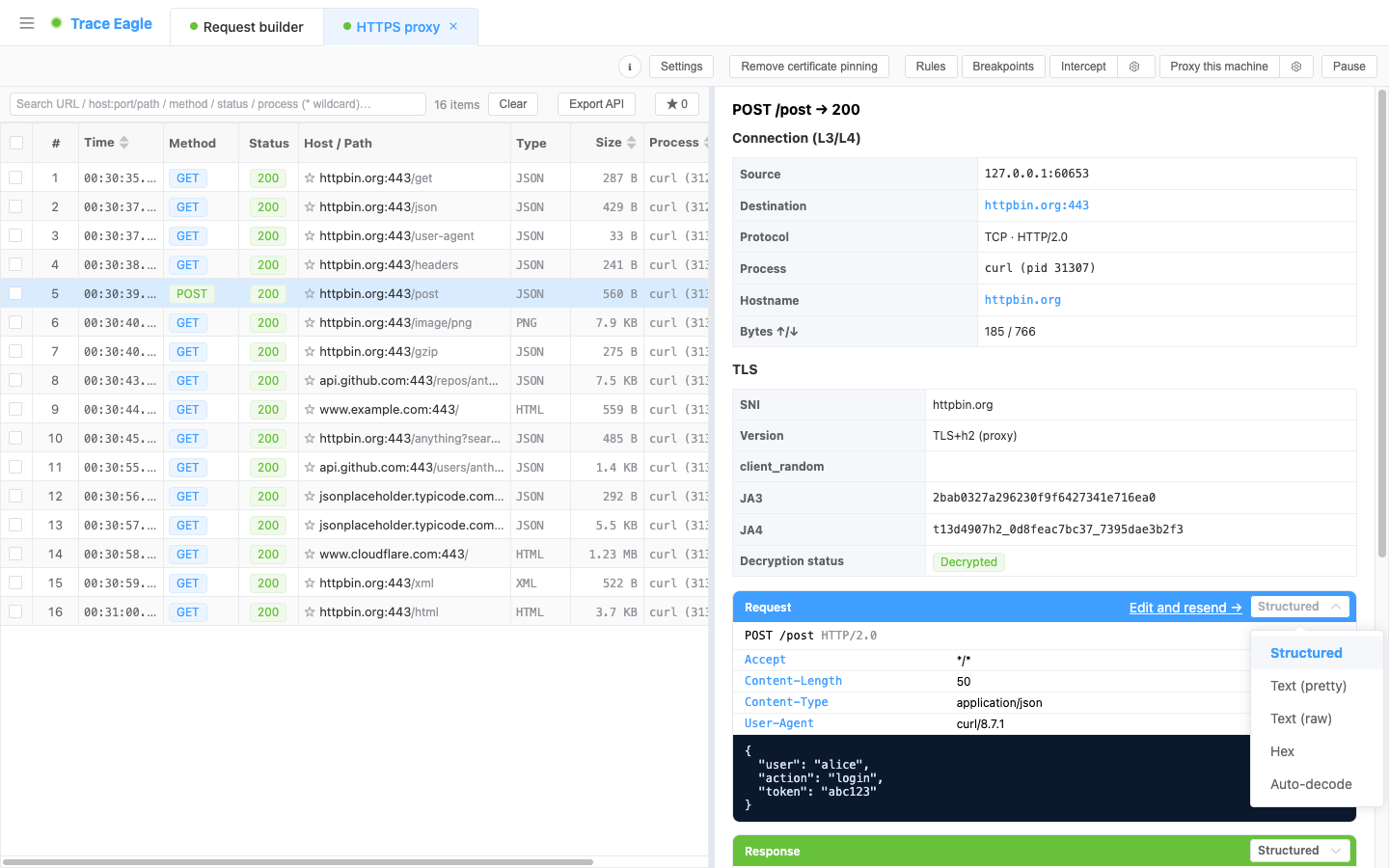 Switch viewing modes: structured / text · beautify / text · raw / hex / auto-detect, with request and response switching independently