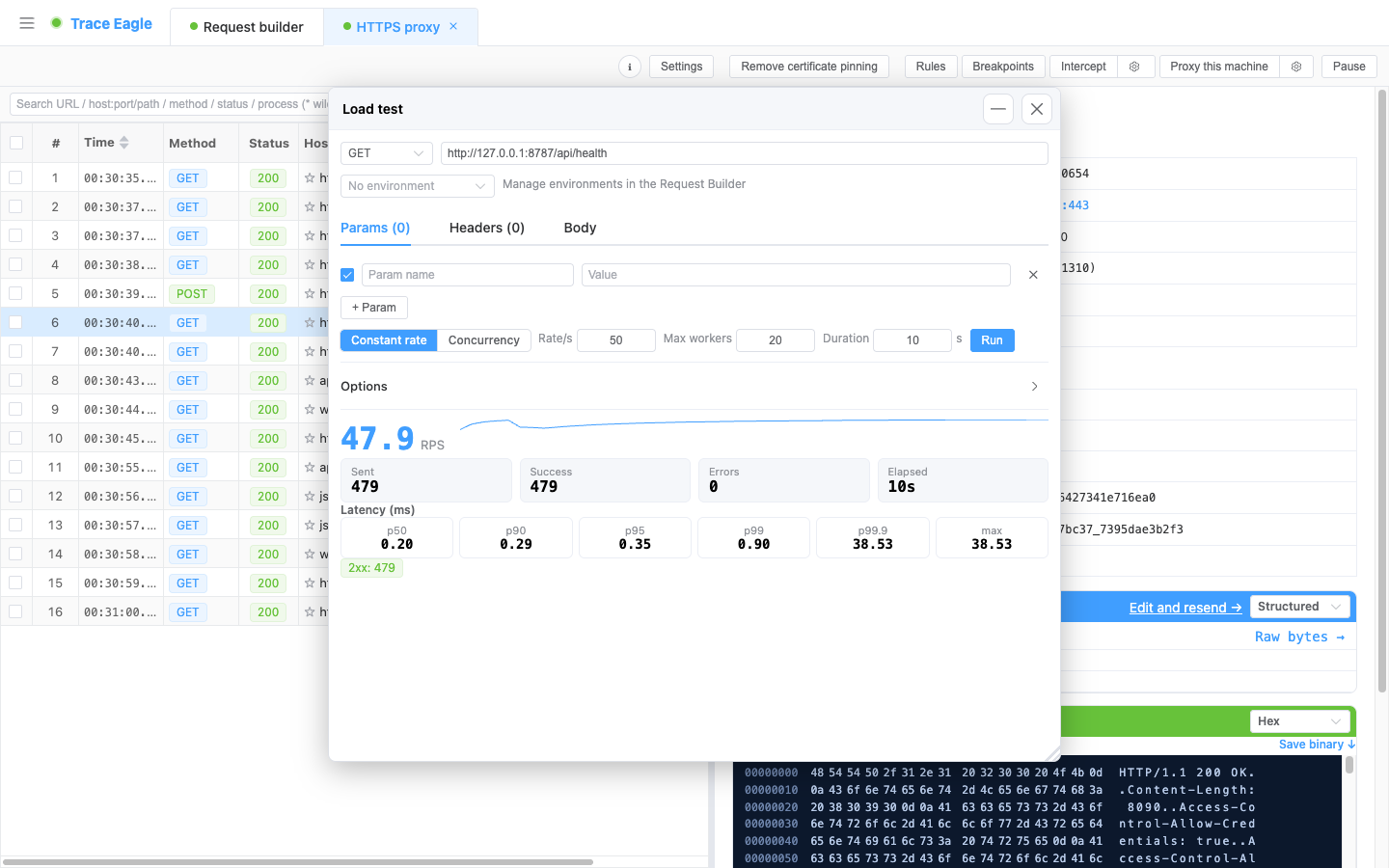 Load testing: large live RPS + throughput line chart, sent / success / errors / elapsed, p50–p99.9 and max latency percentiles, status-code distribution