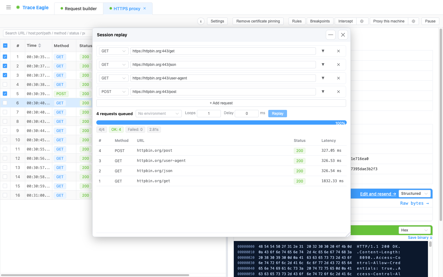 Session replay: replay selected requests in bulk in capture order, with configurable loop and interval, giving each request’s status code and latency plus overall success / failure counts