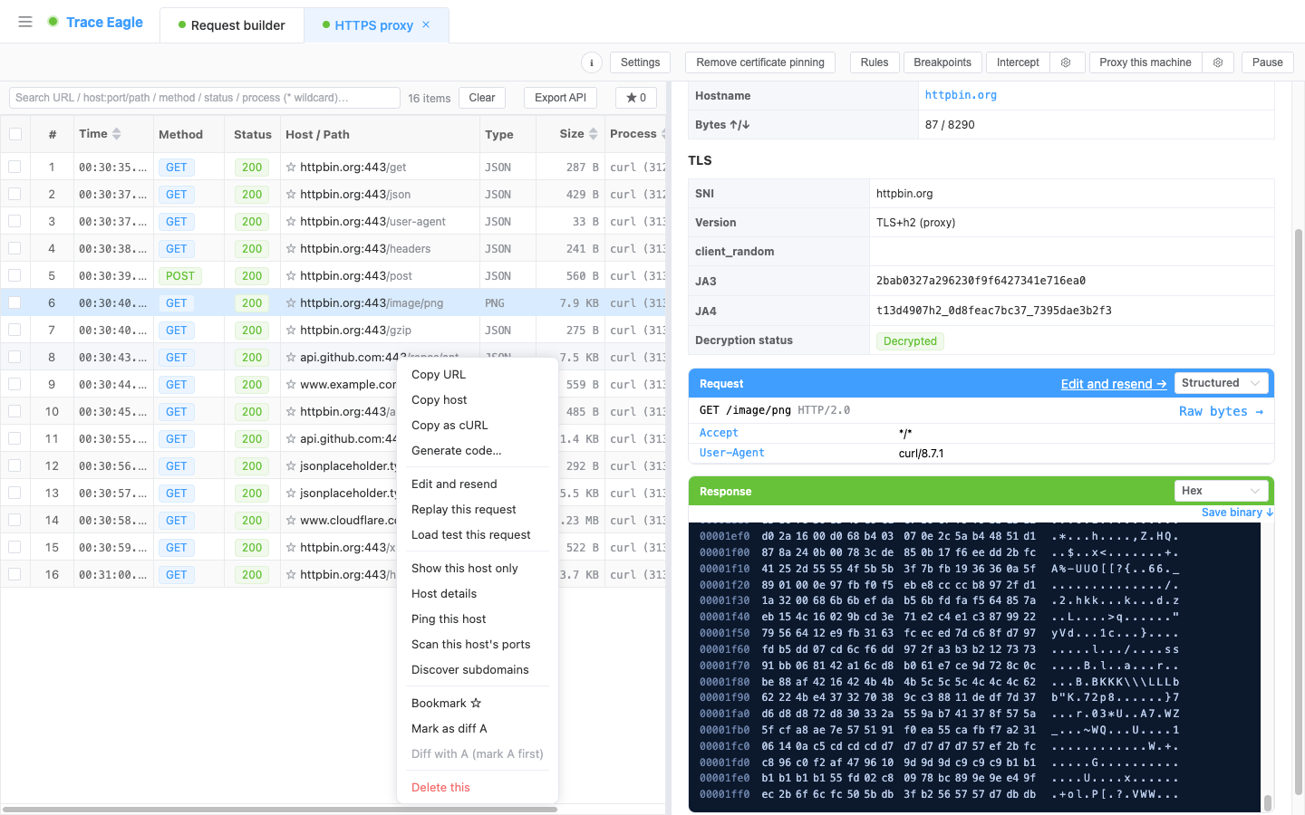 Traffic right-click menu: mark as compare A, compare with A, plus entries for generate code / host dossier / replay / load-test and more