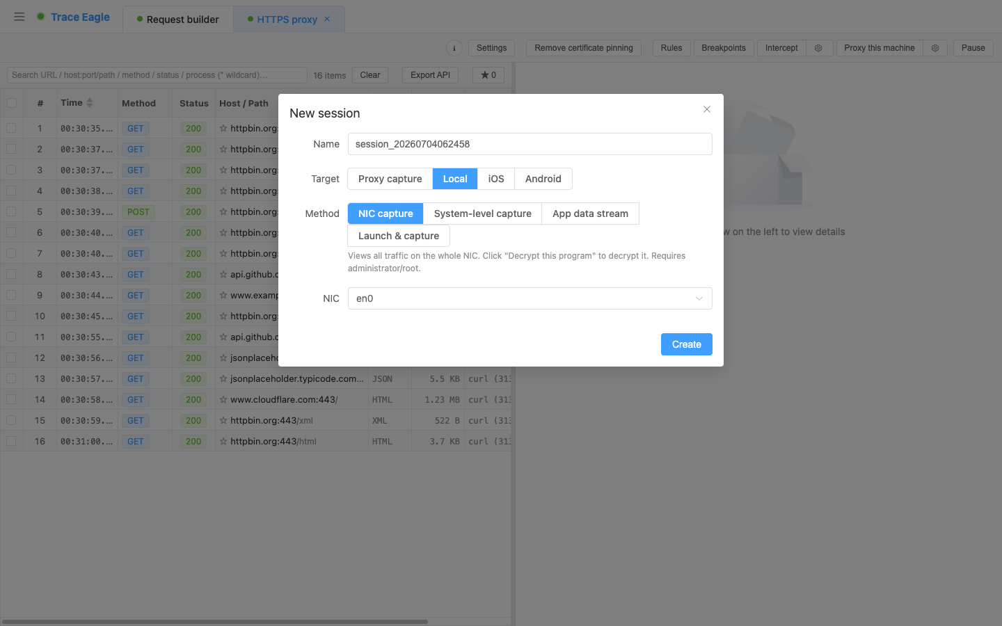 New session · NIC capture: pick a NIC and start capturing, with no settings to change and no certificate to install; captured HTTPS can then be decrypted for a program in one click with “Decrypt this program”