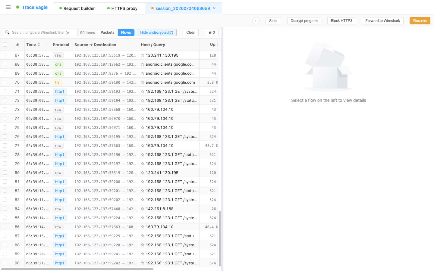 Connection view: scattered packets reassembled into individual connections, with DNS / TLS / HTTP / raw TCP each categorized by protocol, so you can see at a glance who this machine is talking to