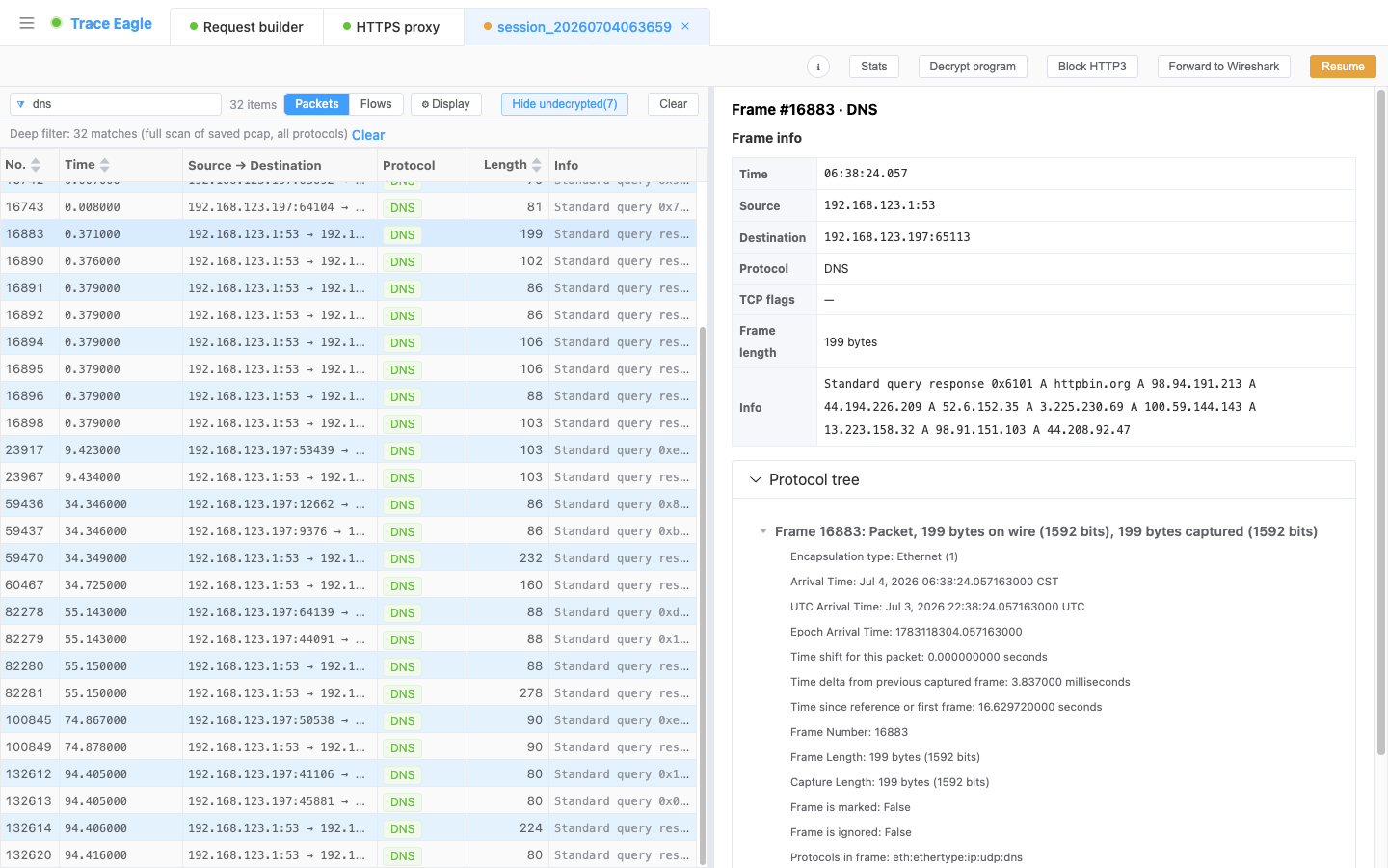 Packet view: real packets captured off the NIC, pinpointed with the display filter dns; select a frame to see the frame info and the protocol tree expanded layer by layer