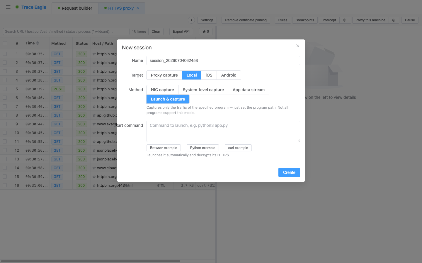 New session · Per-process capture: enter a launch command and the tool starts the program for you, captures only that one, and decrypts it automatically; browser / Python / command-line one-click examples are built in