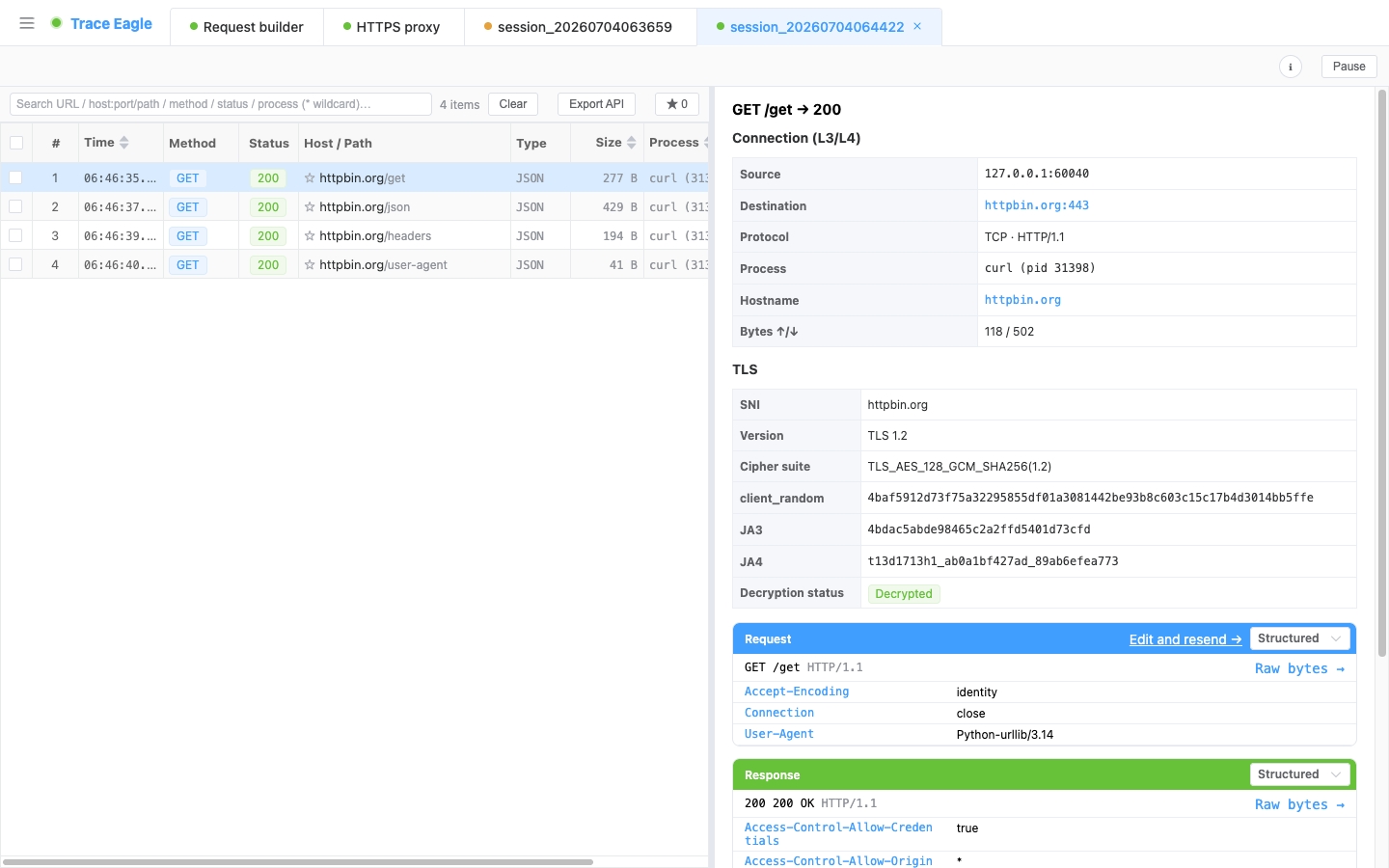 Real result: a program launched by a single command has its HTTPS request captured and decrypted; the details show TLS “Decrypted,” with the request headers and JSON response laid out clearly