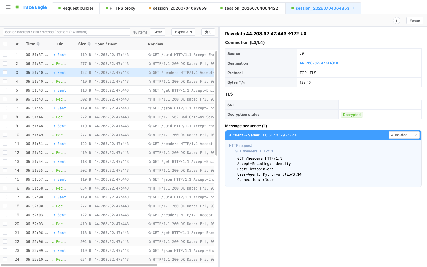 Real result: select a running program and read its sent/received plaintext directly from inside it, listed one by one by direction (Sent ↑ / Rec ↓), with the full plaintext HTTP request in the details