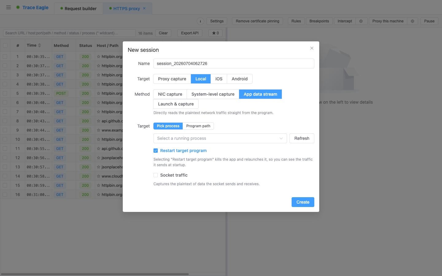 New session · App-layer capture: pick a running program (or enter a program path) and read plaintext directly from inside it; check “Restart target” to capture early startup, or “Socket traffic” for a lower-level fallback