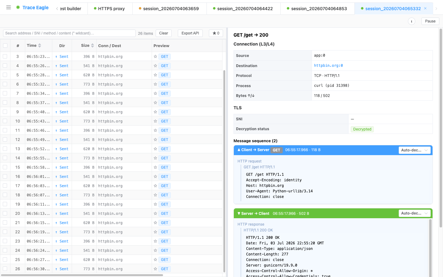 Live result: observing the target program out-of-band from the system’s lower layers, its HTTPS exchanges are fully restored to plaintext, the detail view shows “decrypted,” and requests and responses are lined up one by one