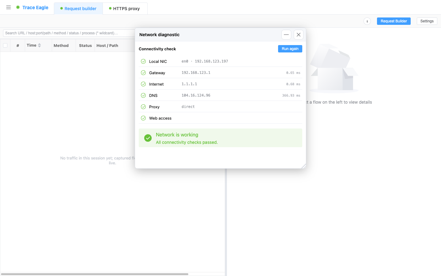 One-click layered self-check: local NIC / gateway / public internet / DNS / proxy / web page access produce results layer by layer, with an overall conclusion at the end