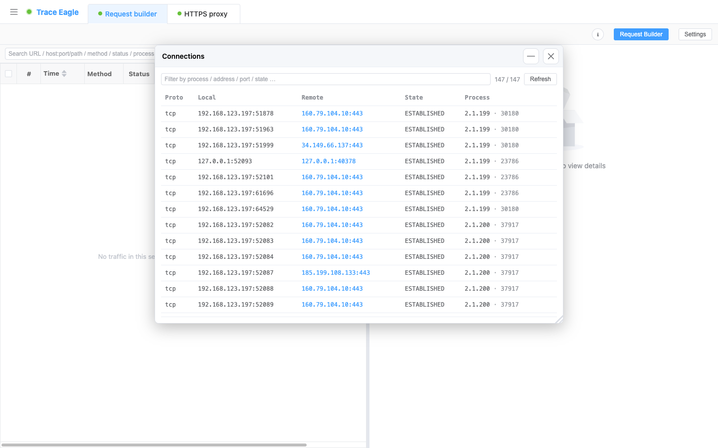 Connection table: all active connections on the machine, each giving protocol / local address / remote address / state / source process (process name + PID); a remote IP can be opened for its profile