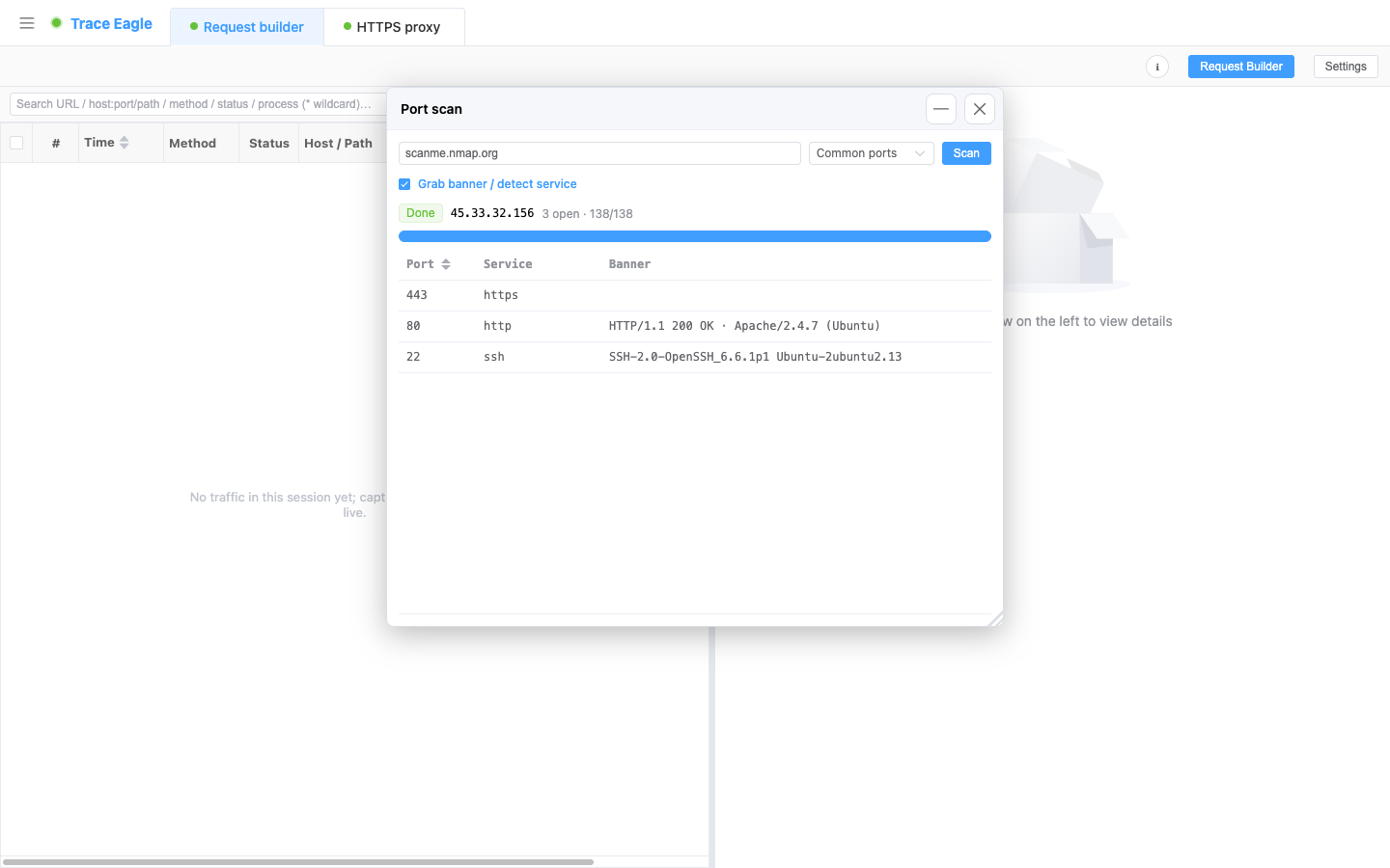 Port scanning: real-time progress + open count found; each open port gives port number / service name / banner (service identification refined with the captured welcome message)