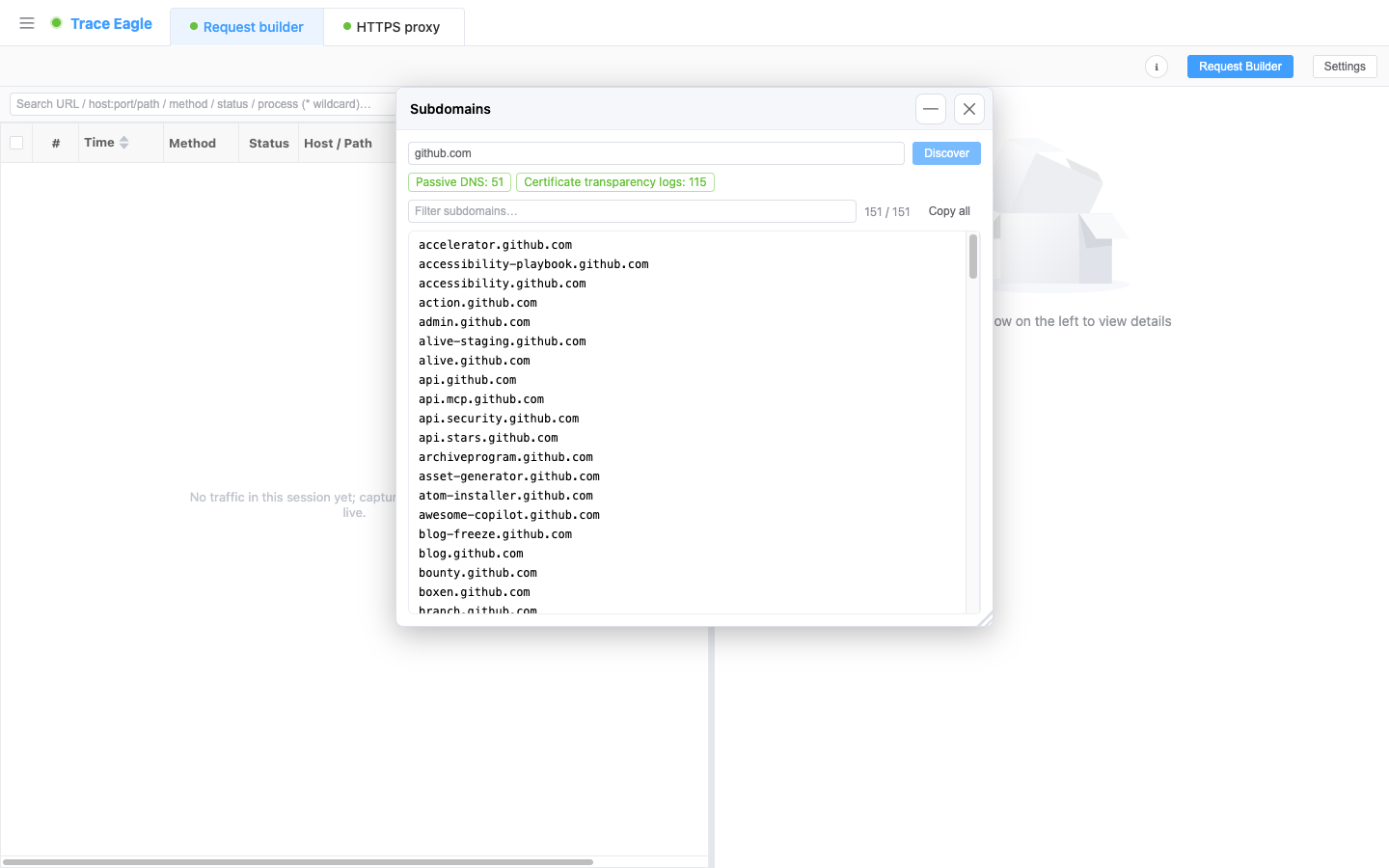Subdomain discovery: aggregates public intelligence sources such as certificate transparency logs and passive DNS (each with a hit count), deduplicates and sorts, then lists subdomains, with real-time filtering and one-click copy
