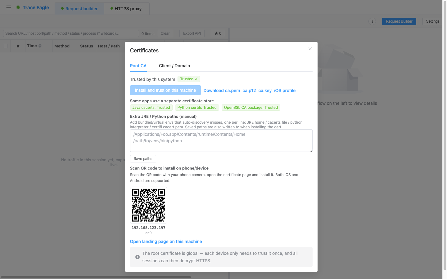 Certificate management: one-click install of the machine trust status, multi-format download, full coverage of independent trust stores such as Java / Python / OpenSSL, and generation of a QR code for phone installation