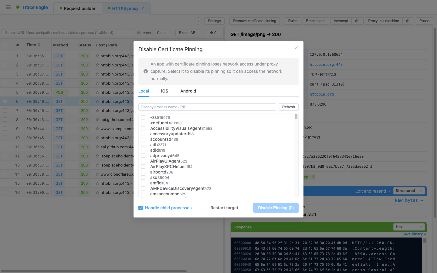 Clear certificate pinning: separate tabs for machine / iOS / Android targets, multi-select filtered by process name or PID, alongside the “automatically handle child processes” and “restart target” switches