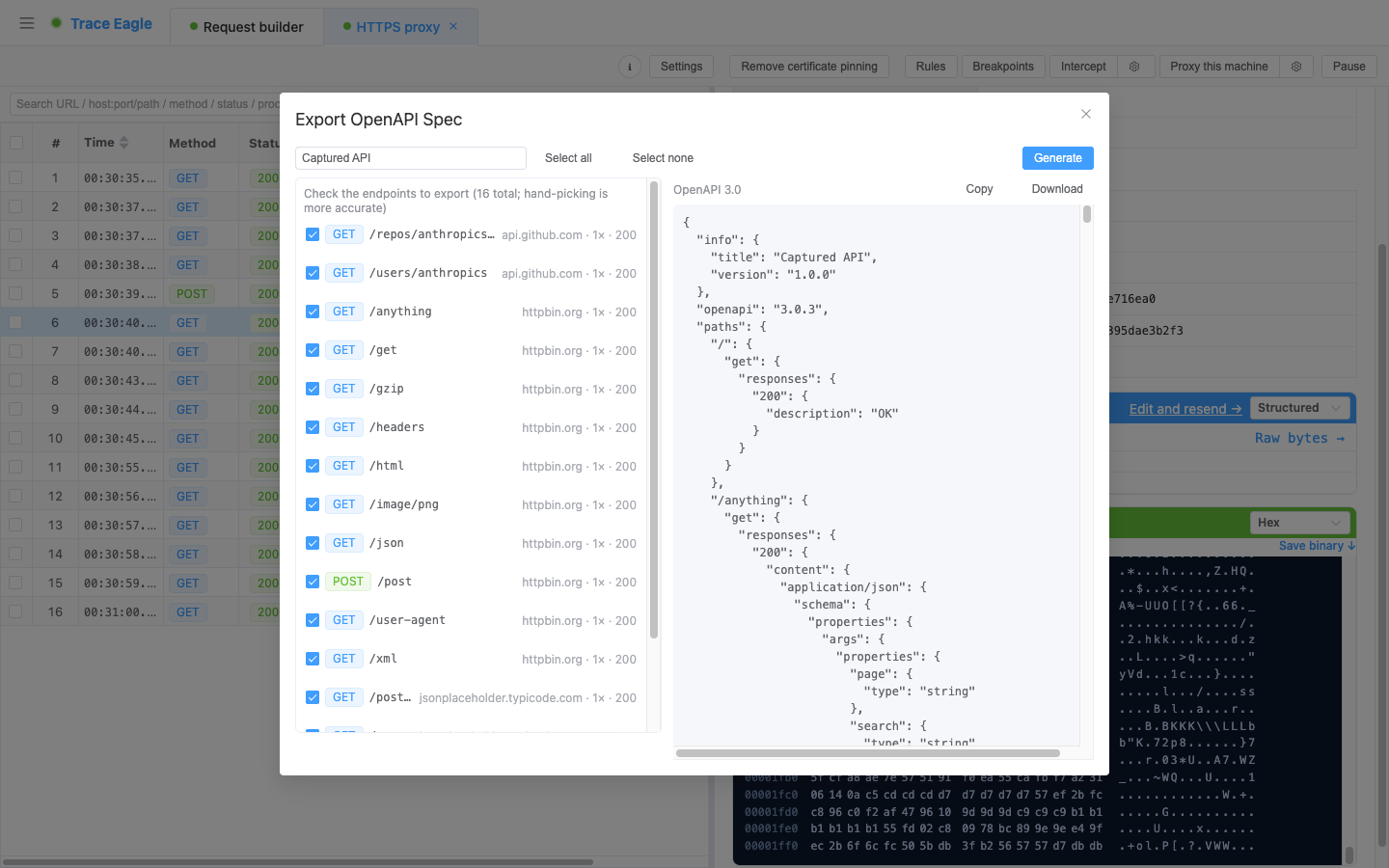 Export OpenAPI: check endpoints on the left (method / path / occurrence count / status codes), live preview of the auto-inferred OpenAPI 3.0 spec on the right